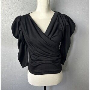 Akira Womens Size Small Puff Sleeve Faux Wrap Ruched Blouse Top -Black
